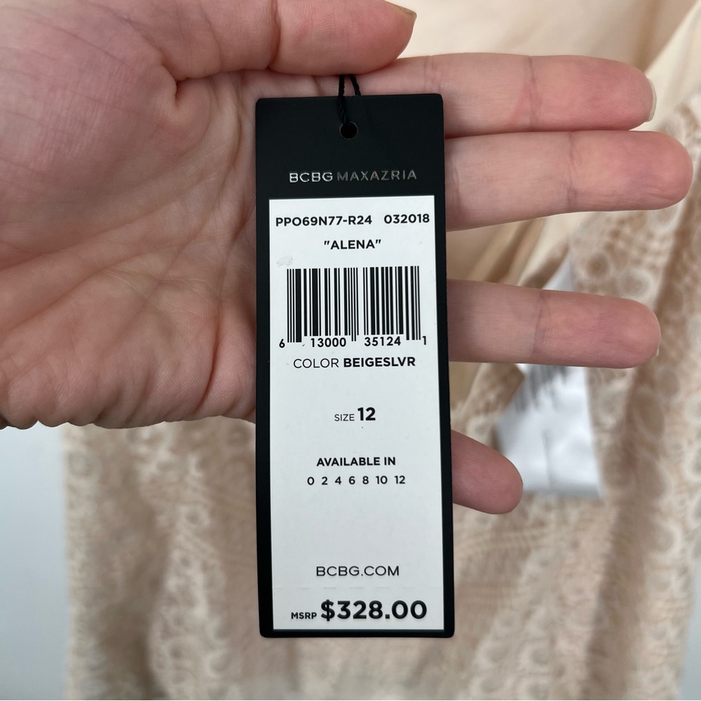 SOLD BCBGMaxAzria NEW Beige Silver Alena Lace Mini Dress - Picture 9 of 9
